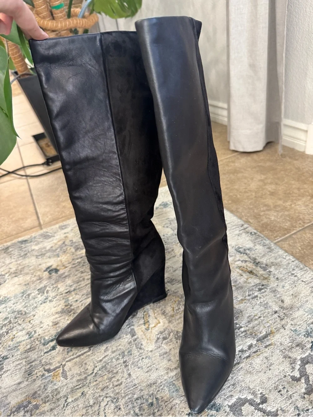 All Saints Black Leather and Suede Over-the-Knee Wedge Boots